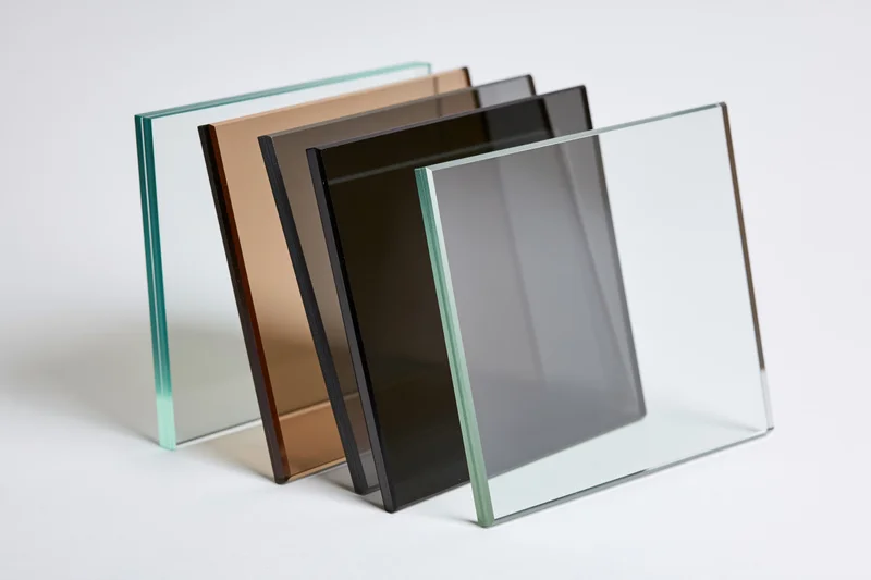 Four rectangular glass panels of varying tints arranged in a row on a white surface