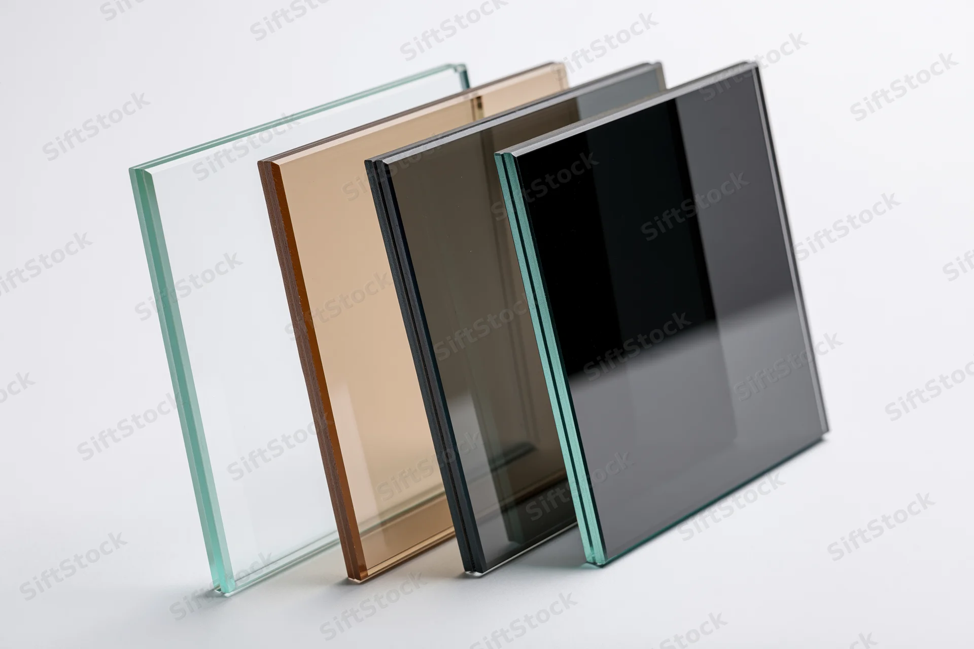 Four rectangular glass panels of varying tints arranged in a row on a white surface