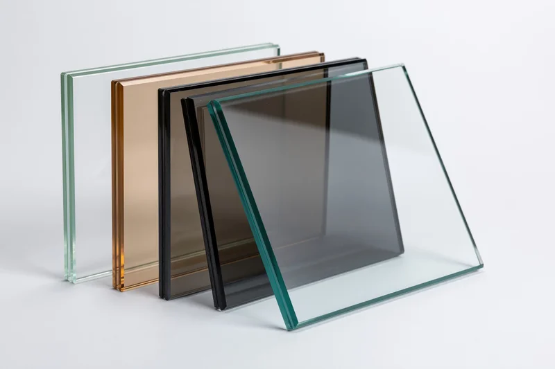 Four rectangular glass panels of varying tints arranged in a staggered row on a white surface