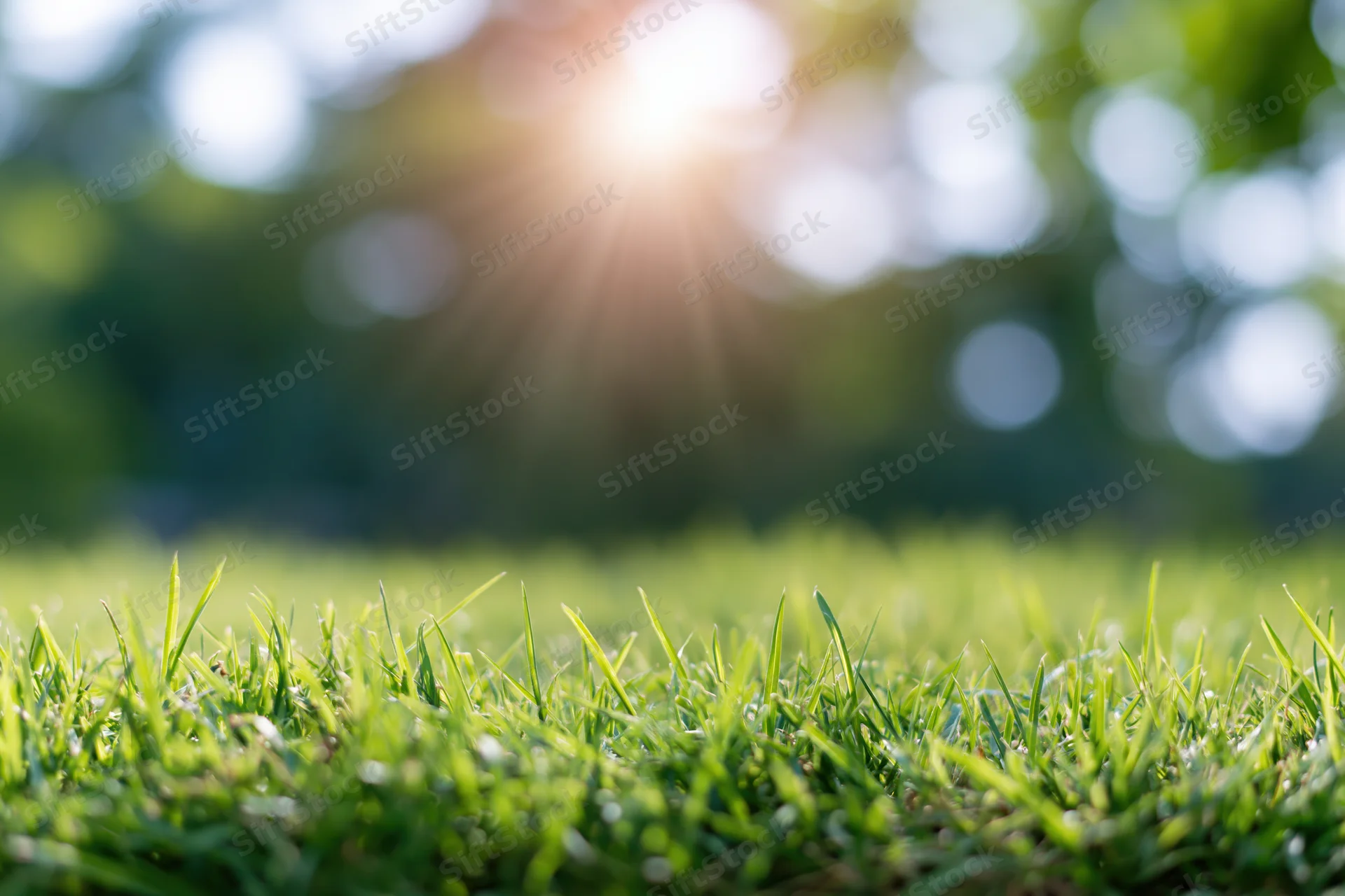 Fresh green grass in foreground with sunlight and blurred trees in background