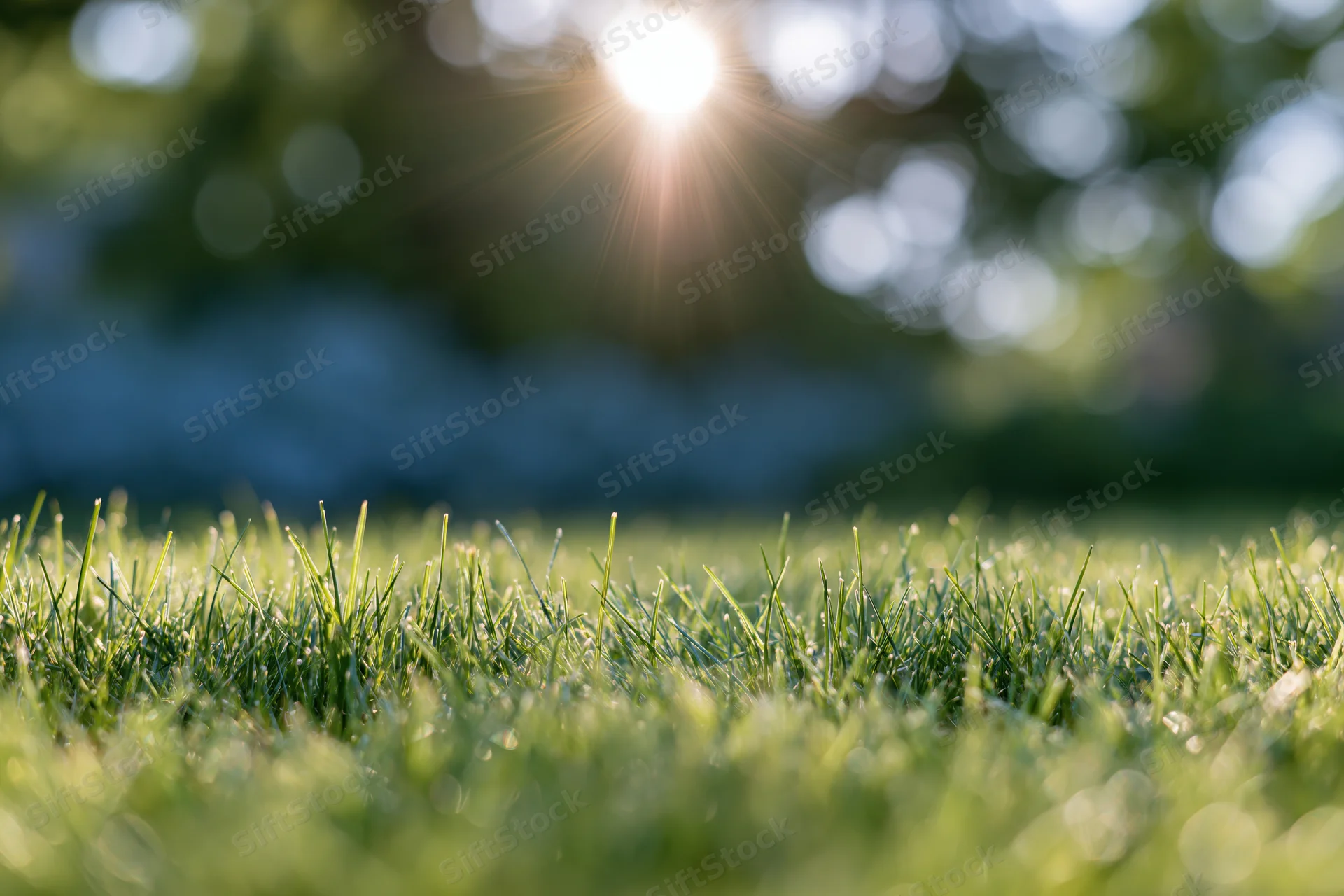 Fresh green grass in foreground with sun shining through trees in background