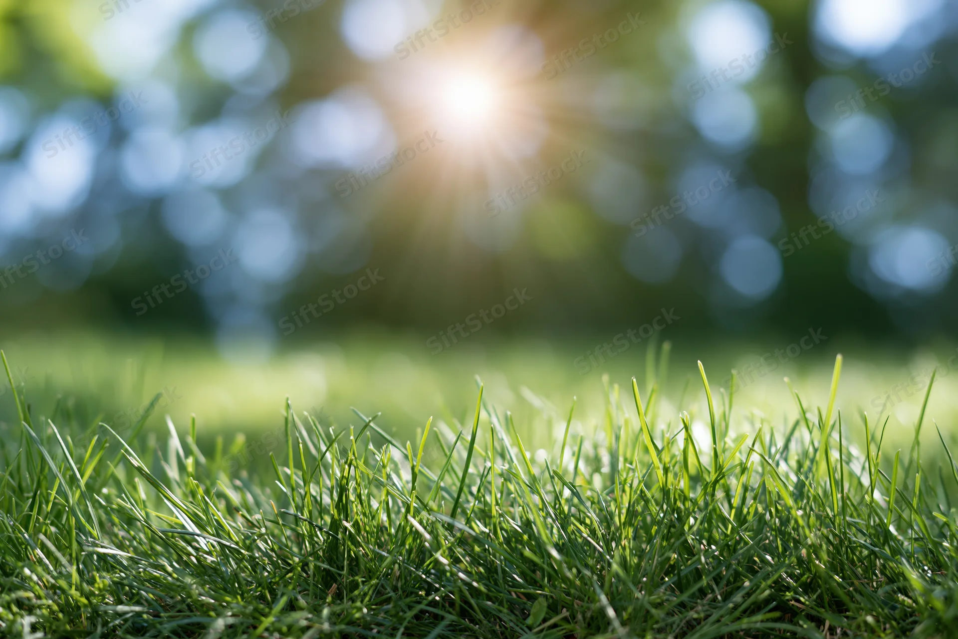 Fresh green grass in foreground with sunlit trees blurred in background