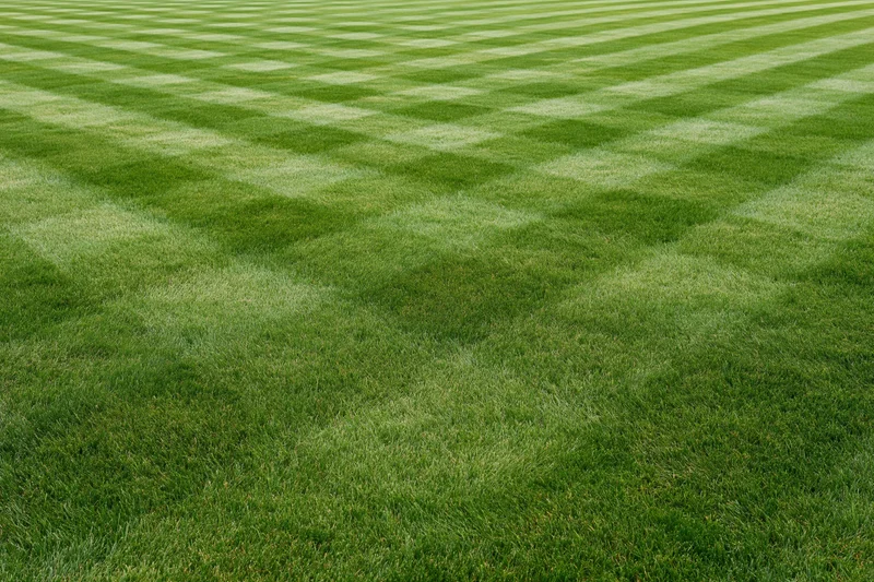 Freshly mowed athletic field grass with striped pattern filling the frame
