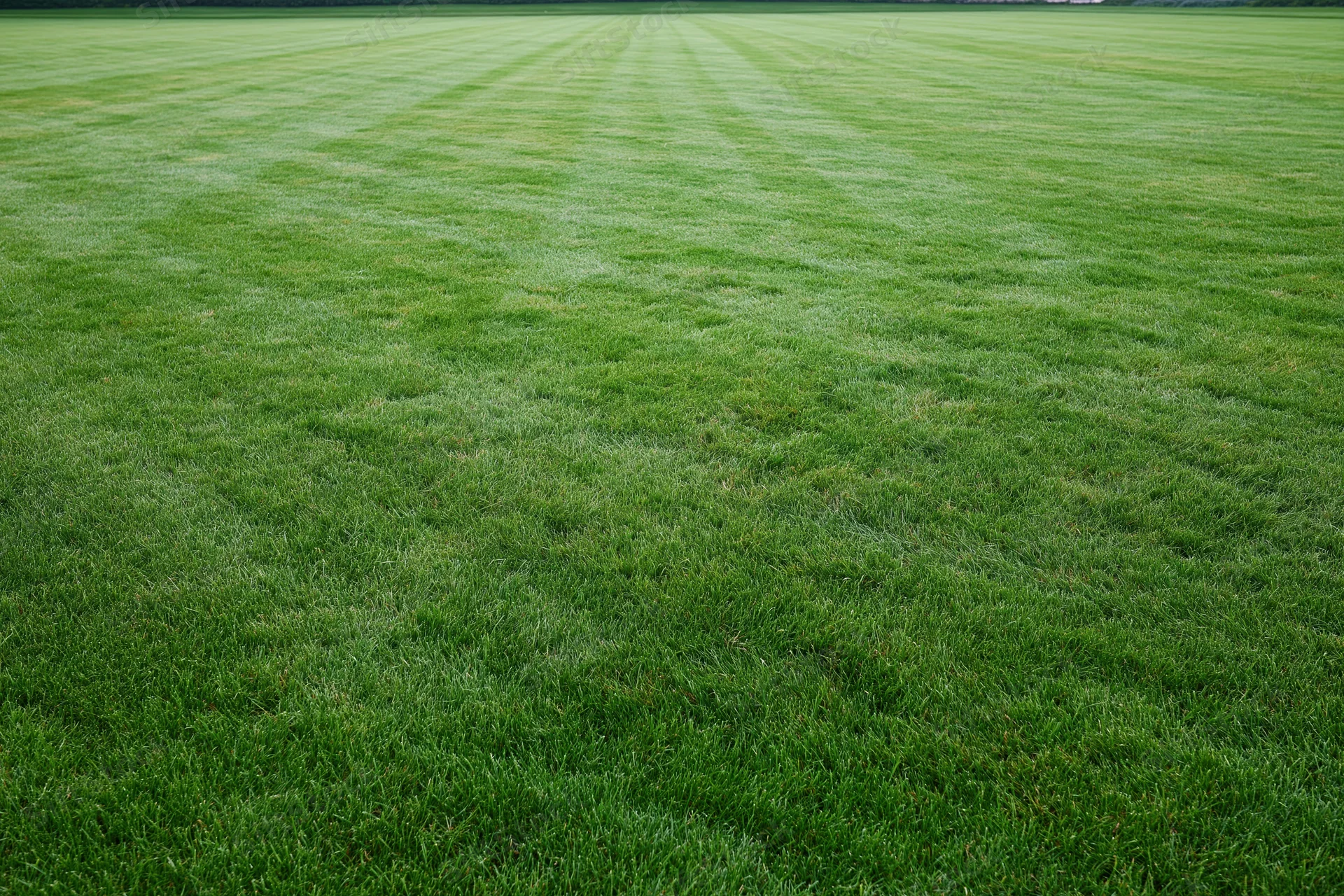 Freshly mowed green lawn filling the frame with striped texture and even surface