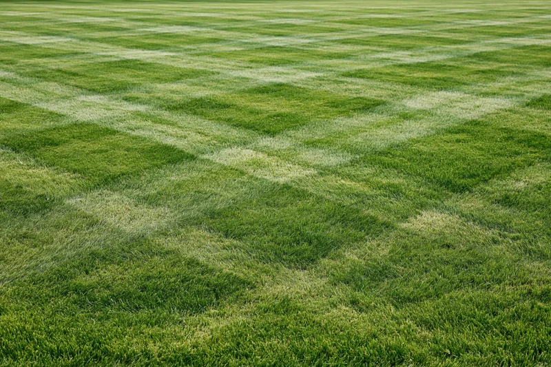 Freshly mowed grass field with diamond checkerboard pattern from alternating mowing directions