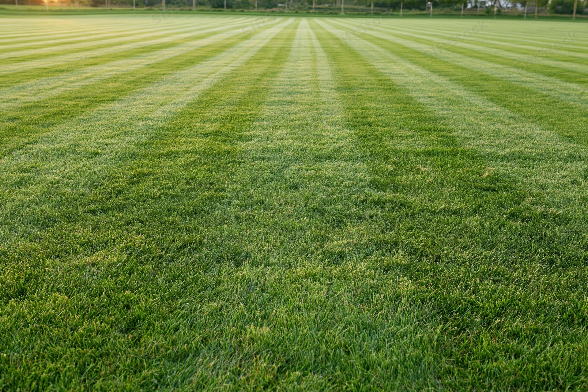 Freshly mowed grass field with striped pattern stretching to the horizon