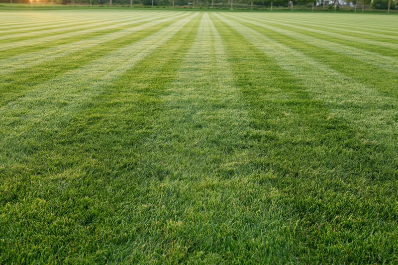 Freshly mowed grass field with striped pattern stretching to the horizon