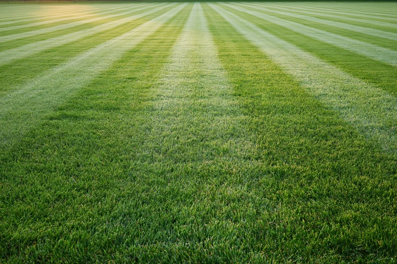 Freshly mowed grass field with striped pattern stretching to the horizon