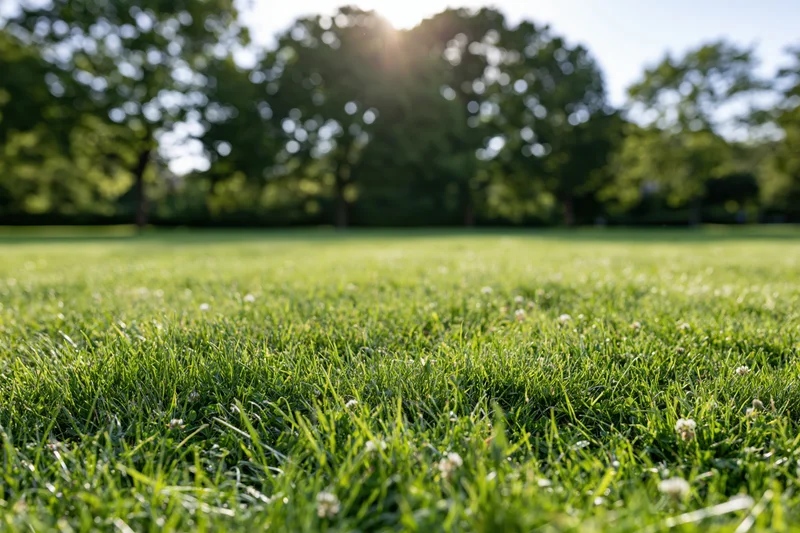 Freshly mowed green lawn stretching across a suburban park under bright sunlight with trees in the background