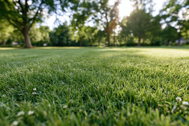 Freshly mowed green lawn stretching across a suburban park under sunlight with trees in the background