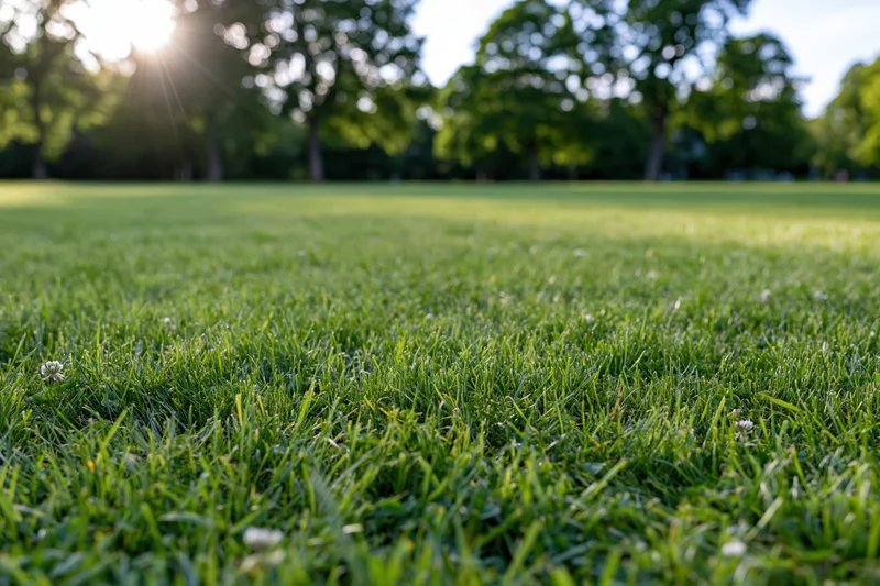 Freshly mowed green lawn stretching across a suburban park under bright sunlight with trees in the background