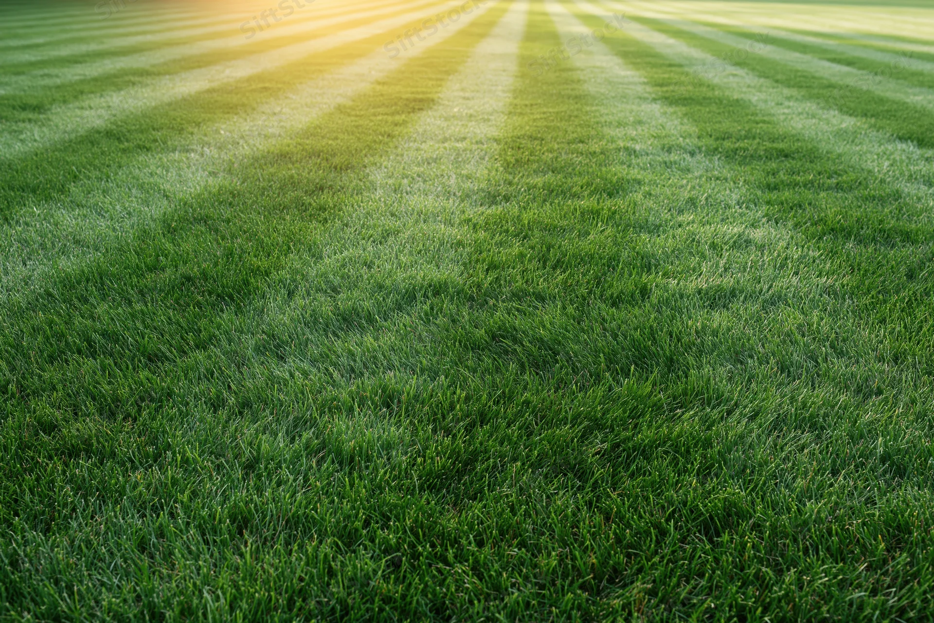 Freshly mowed lawn with alternating light and dark stripes filling the frame