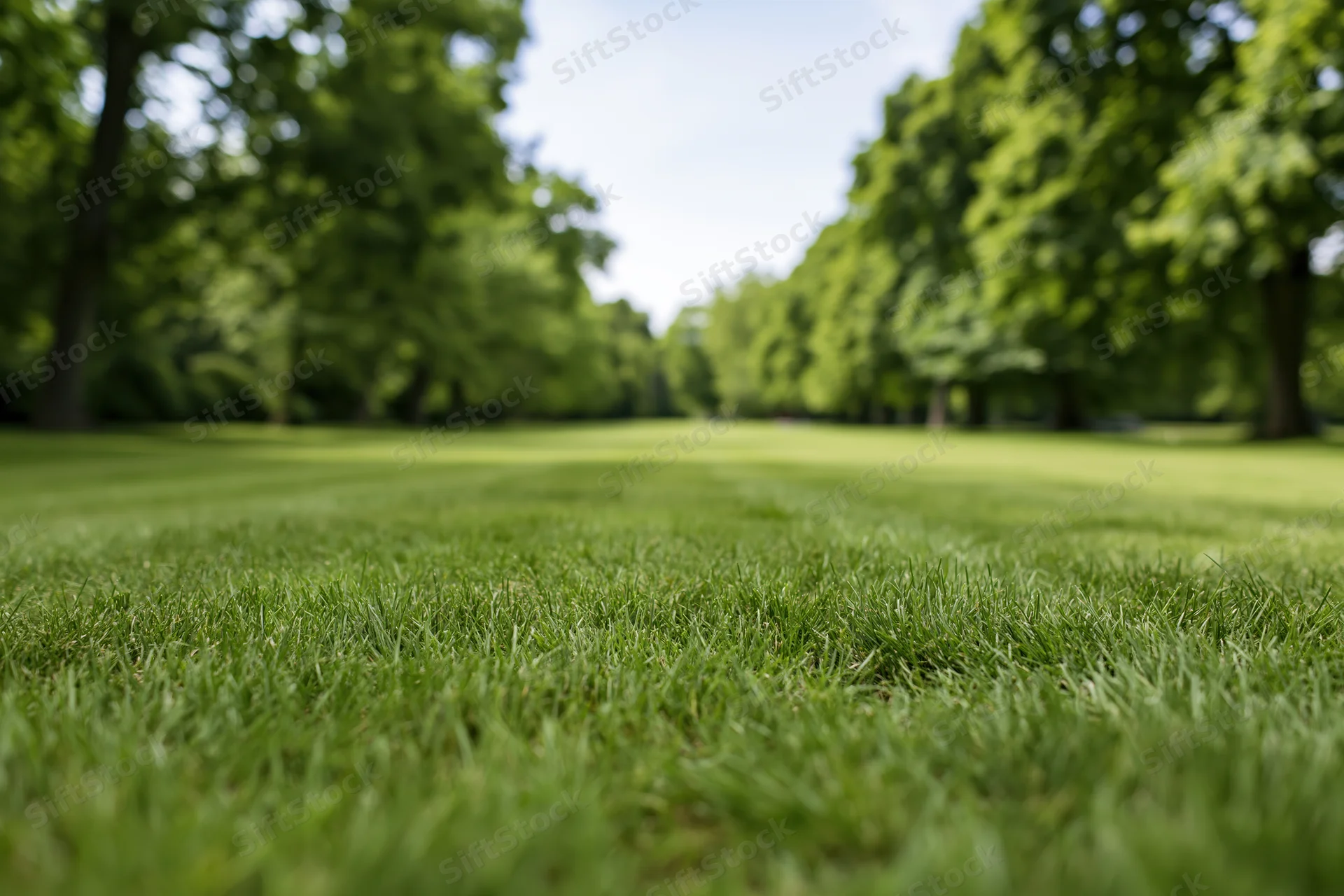 Freshly mown green lawn stretching toward tree-lined park path