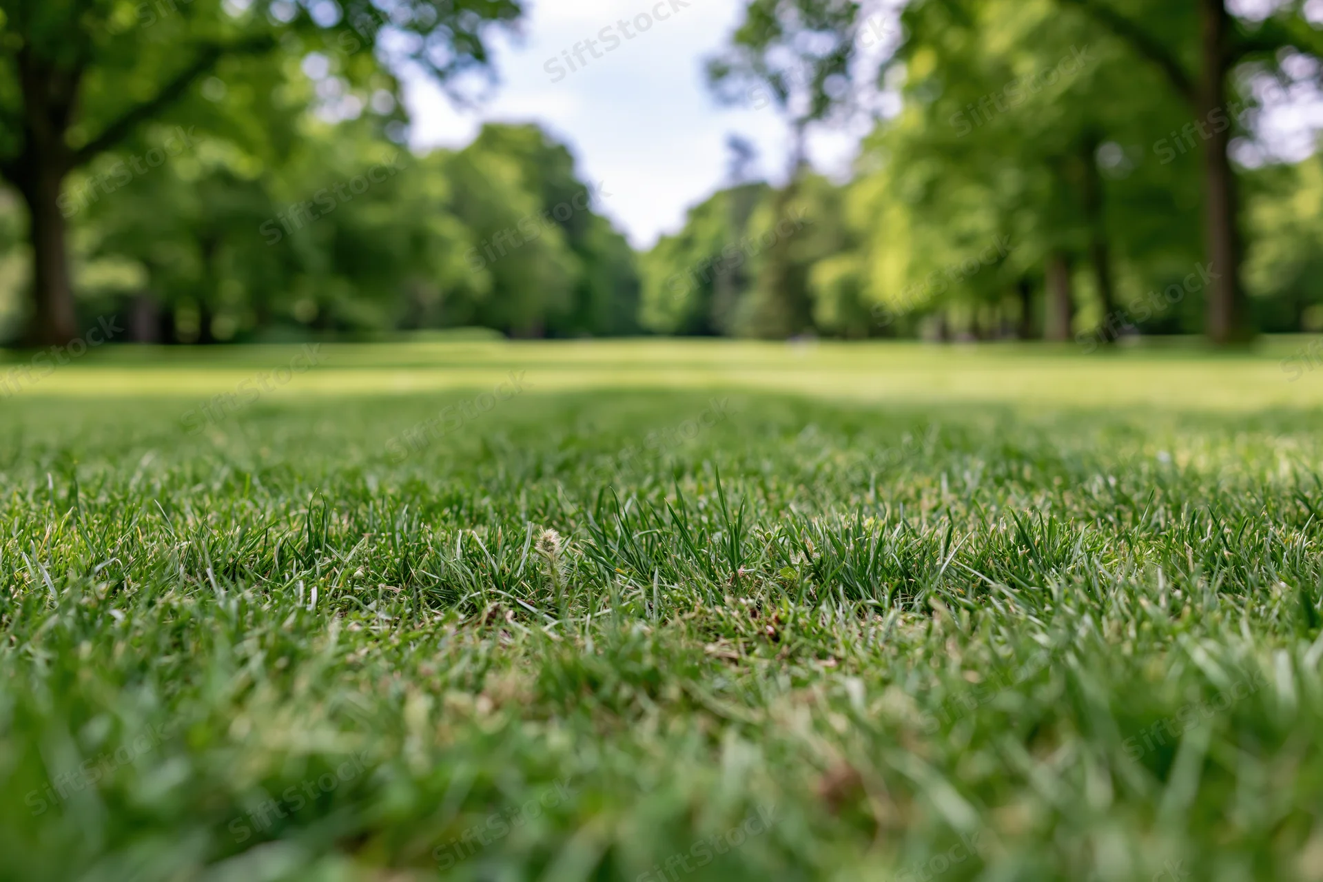 Freshly mown green lawn stretching toward tree-lined park in summer daylight