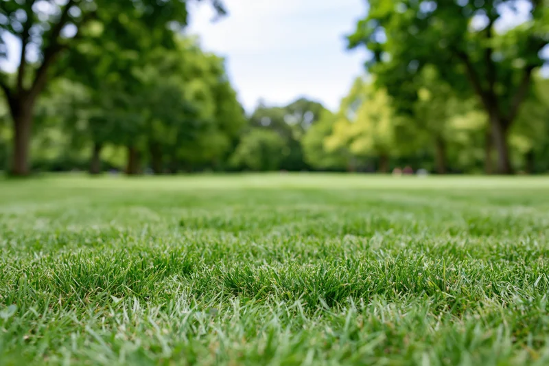 Freshly mown green lawn stretching toward tree-lined park in summer daylight