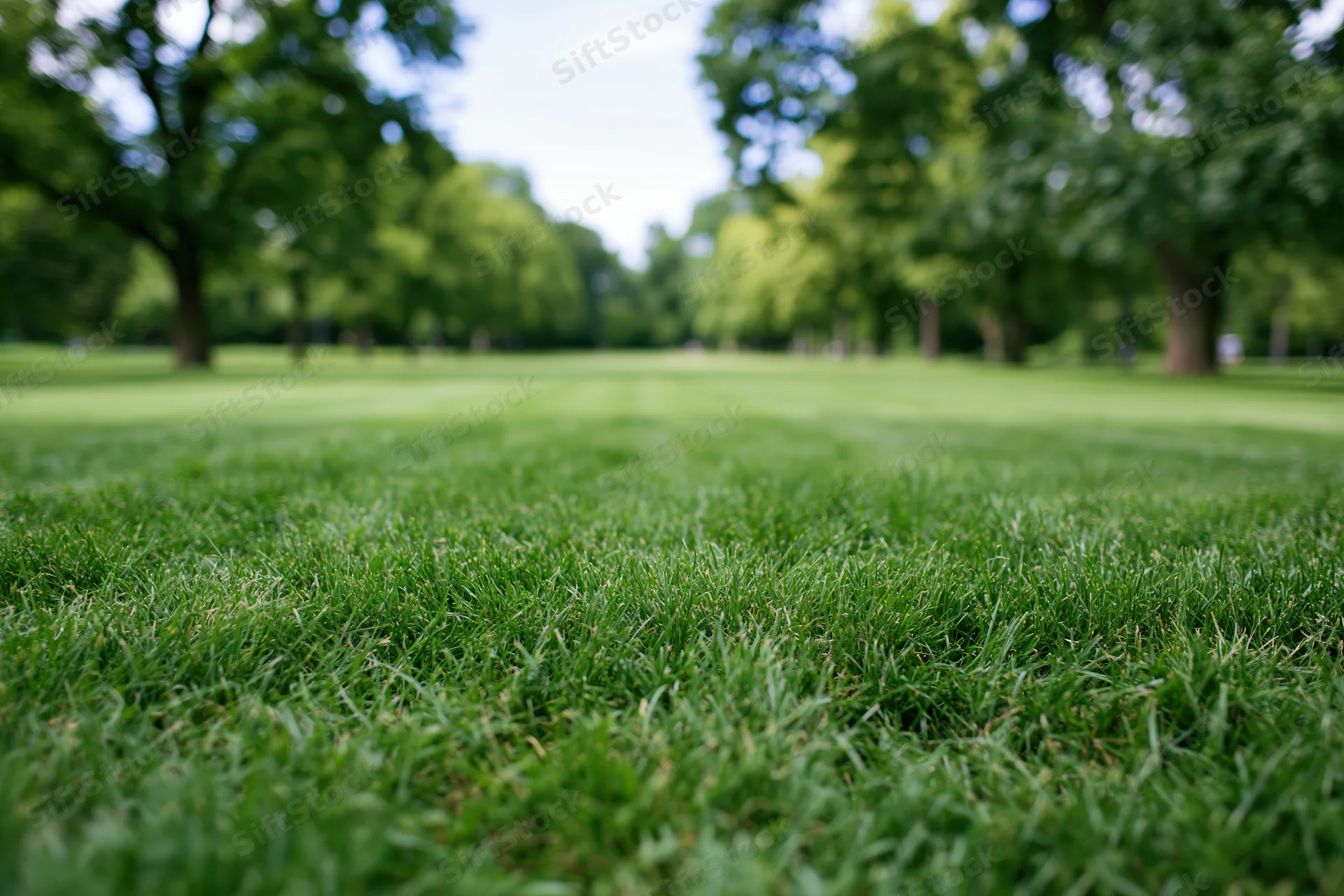 Freshly mown green lawn stretching toward tree-lined park in summer daylight