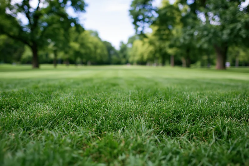 Freshly mown green lawn stretching toward tree-lined park in summer daylight