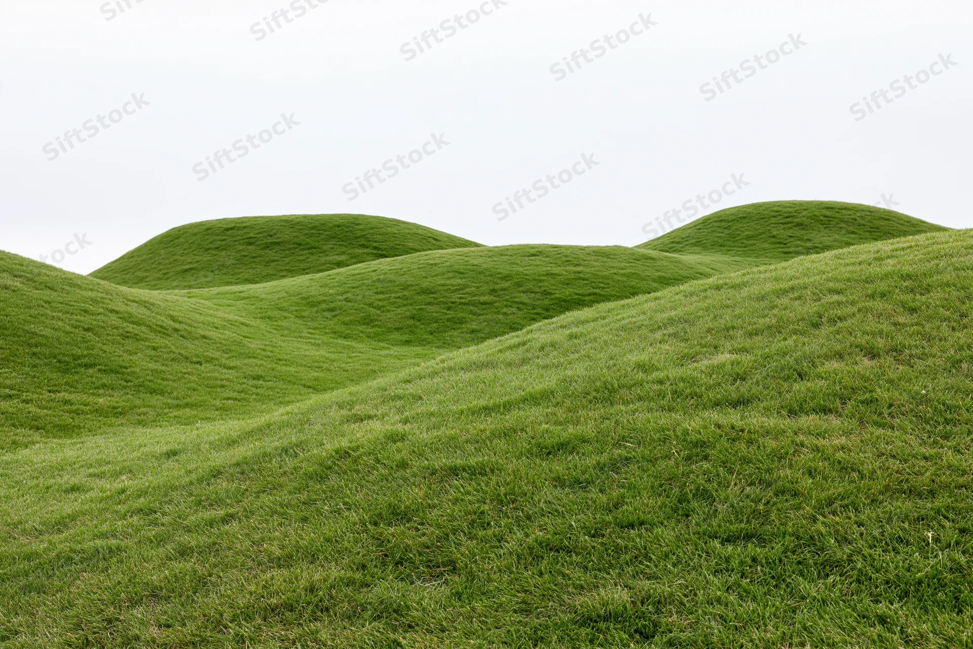 Gently rolling grass-covered hills filling the lower two-thirds of the frame under an overcast sky