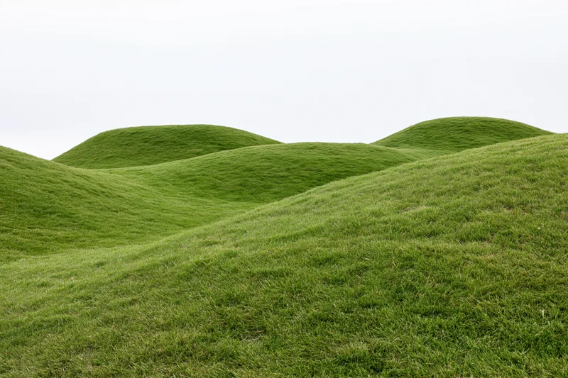 Gently rolling grass-covered hills filling the lower two-thirds of the frame under an overcast sky