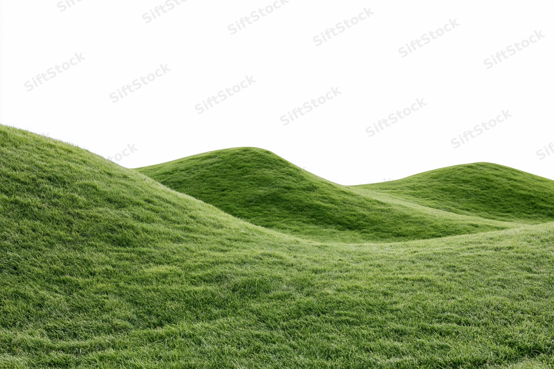 Gently rolling grass-covered hills filling the lower two-thirds of the frame against a white background