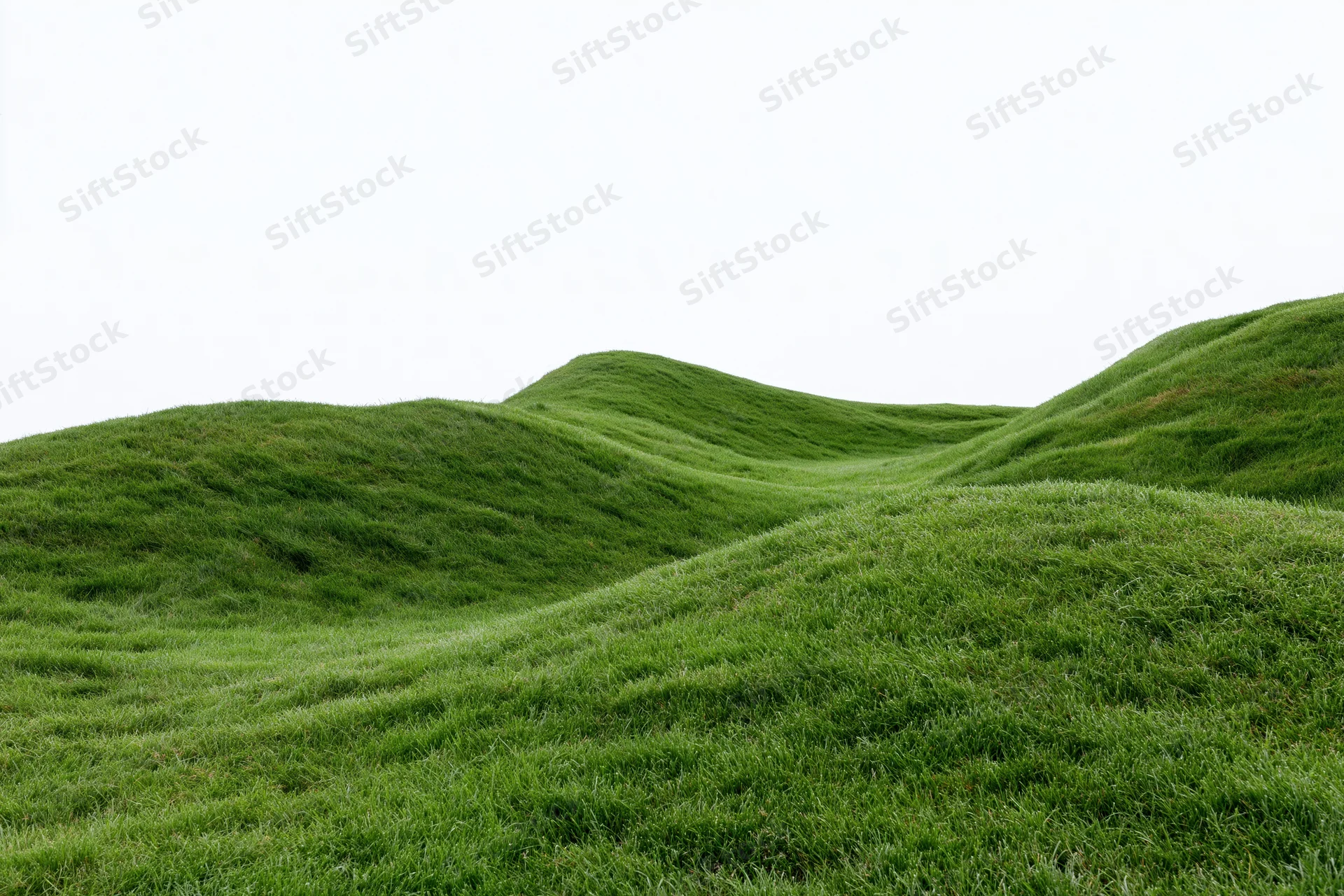 Gently rolling grass-covered hills filling the lower two-thirds of the frame against a plain white sky