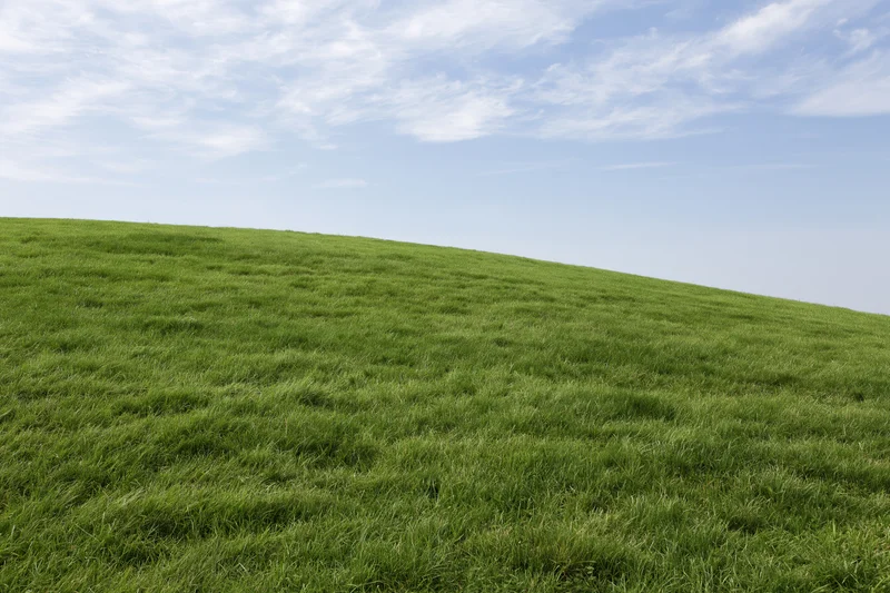 Gently rolling grass hill covered in short even green turf under a partly cloudy sky
