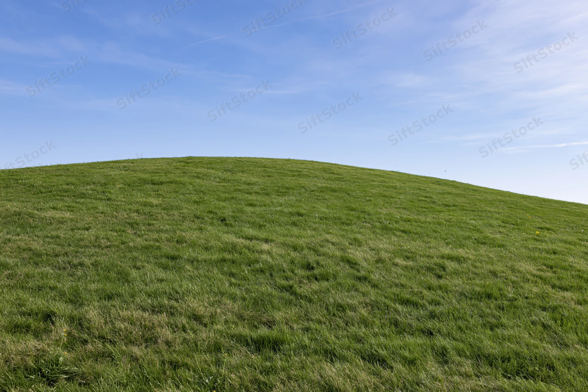 Gently sloping green grass hill rising to meet a clear blue sky