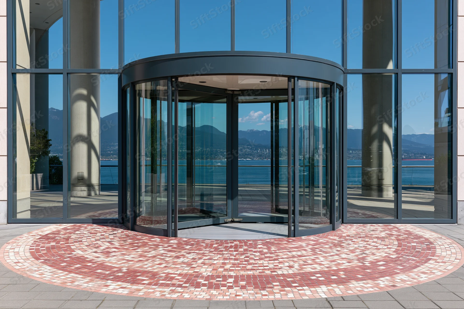 Revolving glass door entrance of a modern waterfront building with mountain and water view