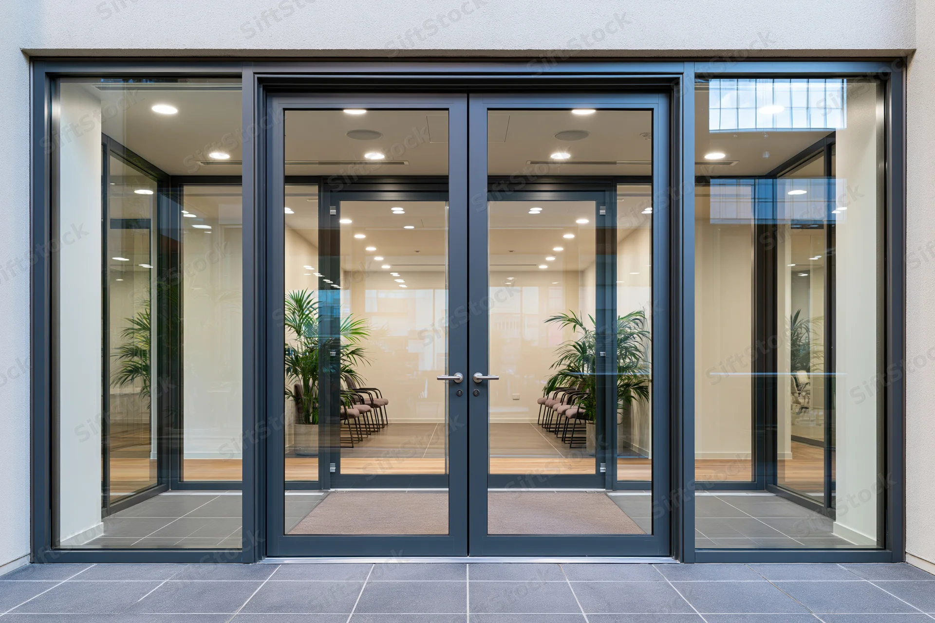 Glass double doors leading into a modern office lobby with visible interior furnishings and plants
