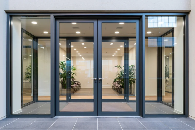 Glass double doors leading into a modern office lobby with visible interior furnishings and plants