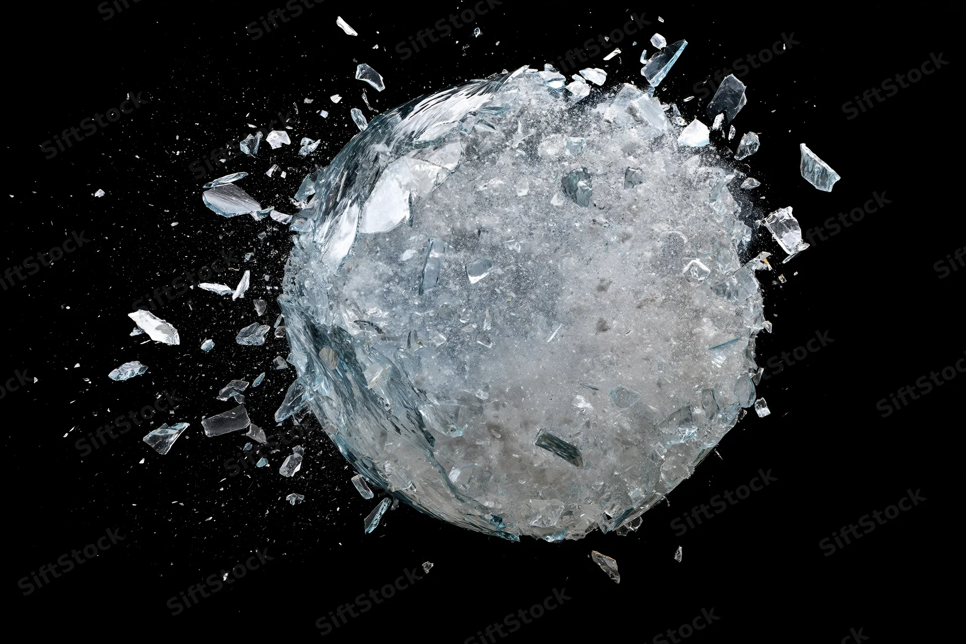 Glass sphere shattering mid-air with flying fragments against black background