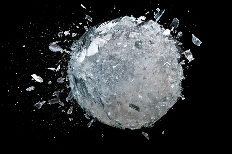Glass sphere shattering mid-air with flying fragments against black background