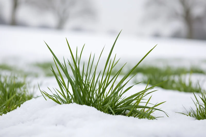 Green grass blades poking through thin layer of fresh snow on ground