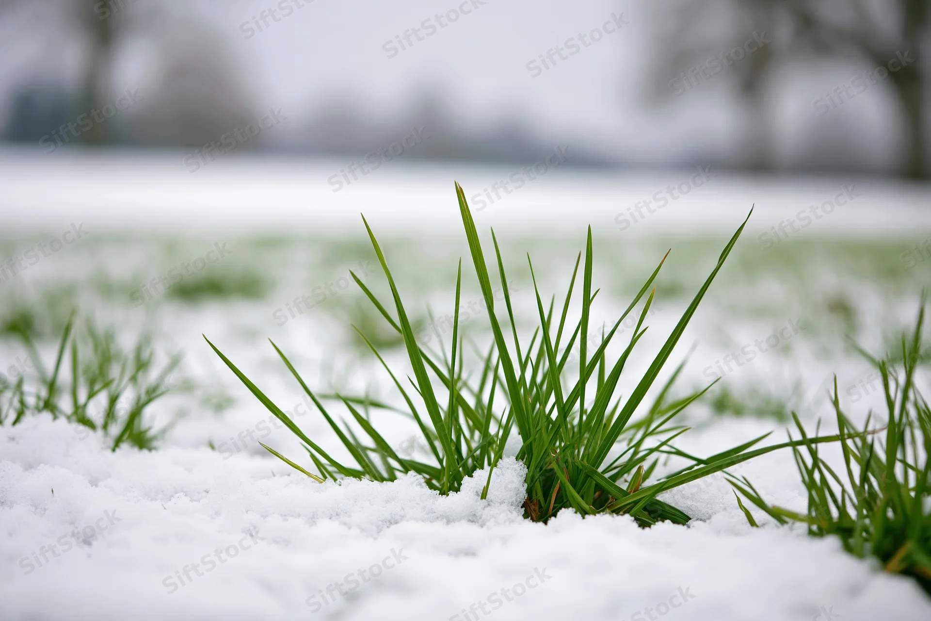 Green grass blades emerging through a thin layer of fresh white snow on a lawn
