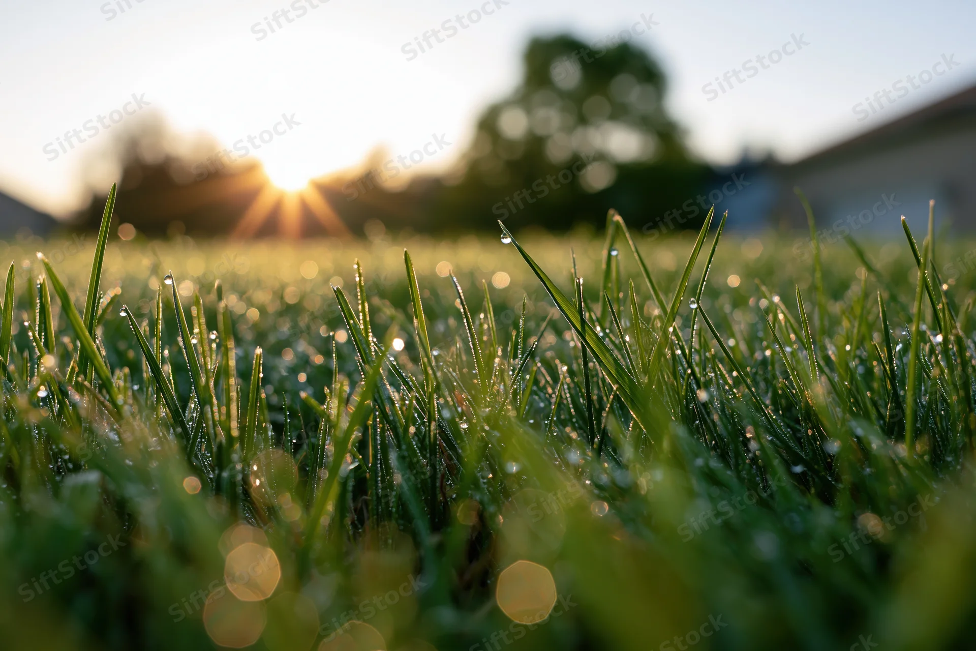 Dew-covered grass blades in morning light at ground level with sunrise in background