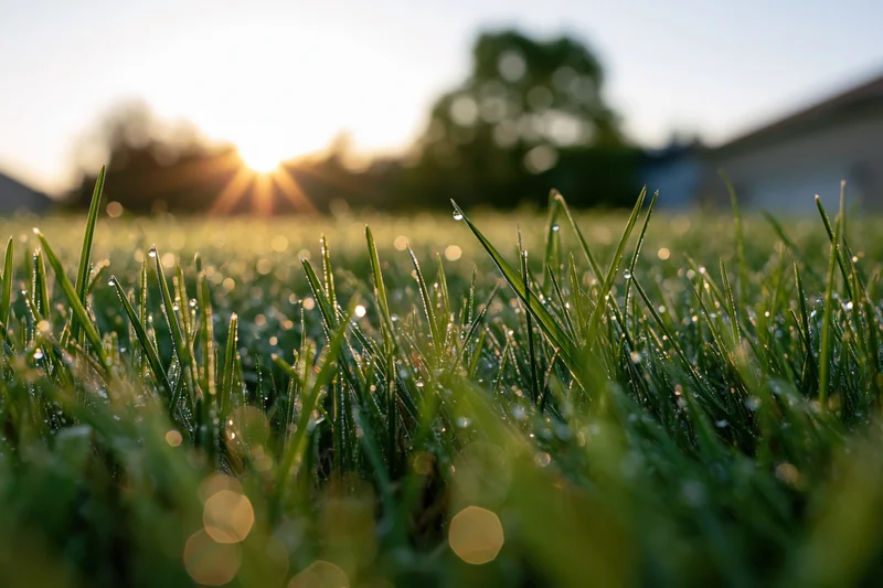 Dew-covered grass blades in morning light at ground level with sunrise in background