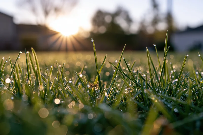 Dew-covered grass blades in morning sunlight with sunburst in background