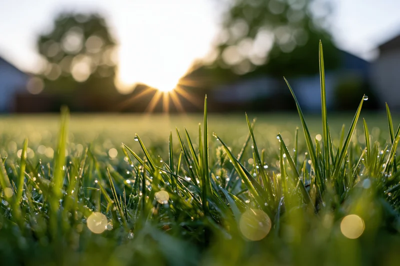Dew-covered grass blades in morning sunlight with sunflare and bokeh background