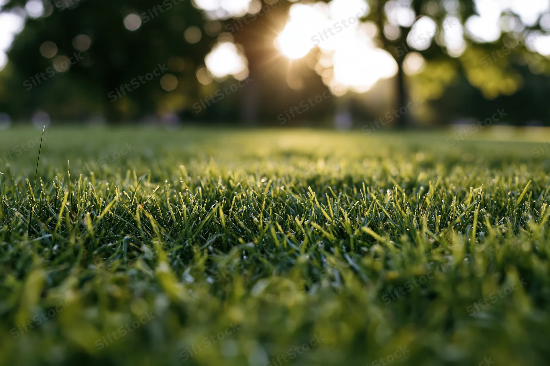Closeup of short green grass blades in a sunlit lawn with blurred background