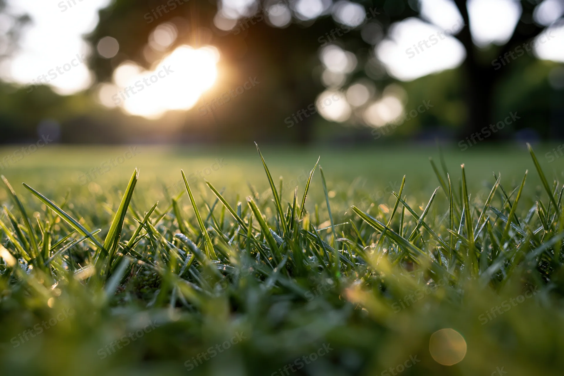 Closeup of short green grass blades in a sunlit lawn with blurred trees in the background
