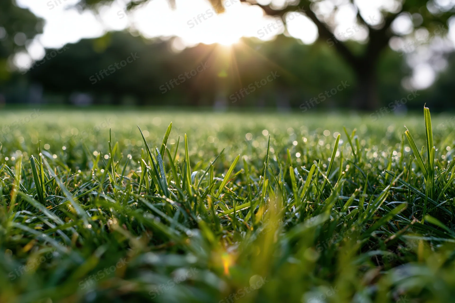 Closeup of short green grass blades in morning sunlight with blurred trees in background