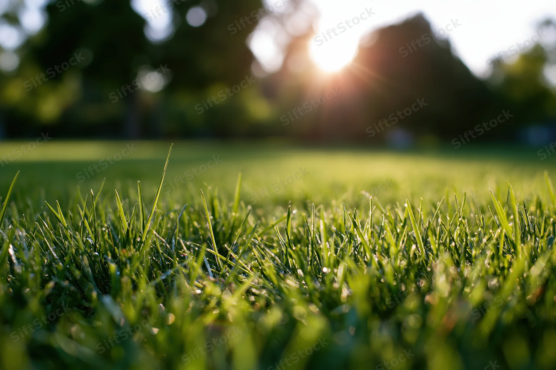 Closeup of short green grass blades in sunlight with blurred background