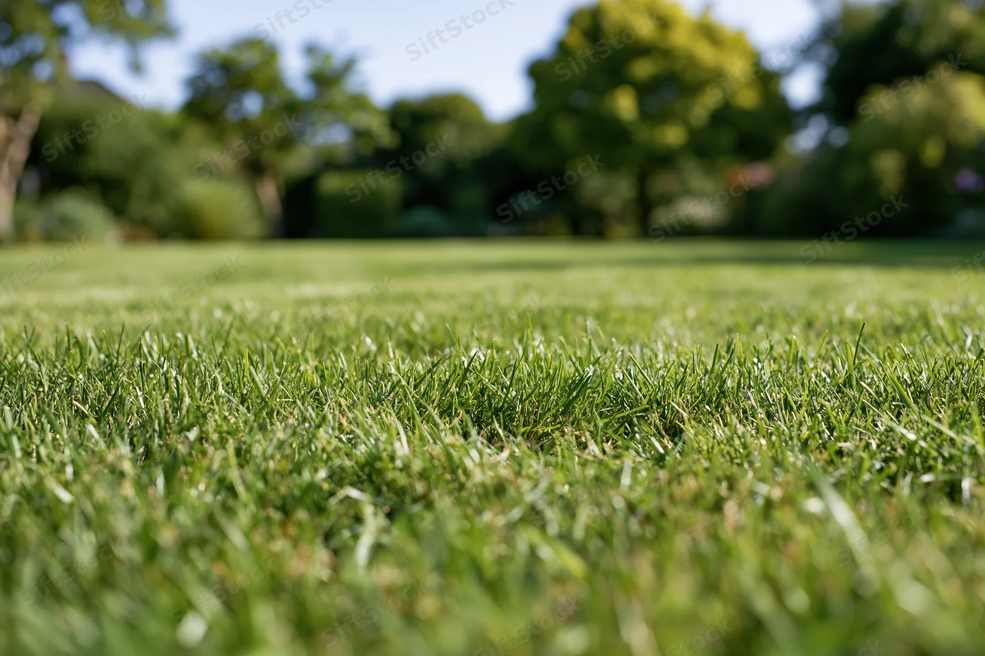 Neatly mowed green lawn viewed from ground level in a park setting