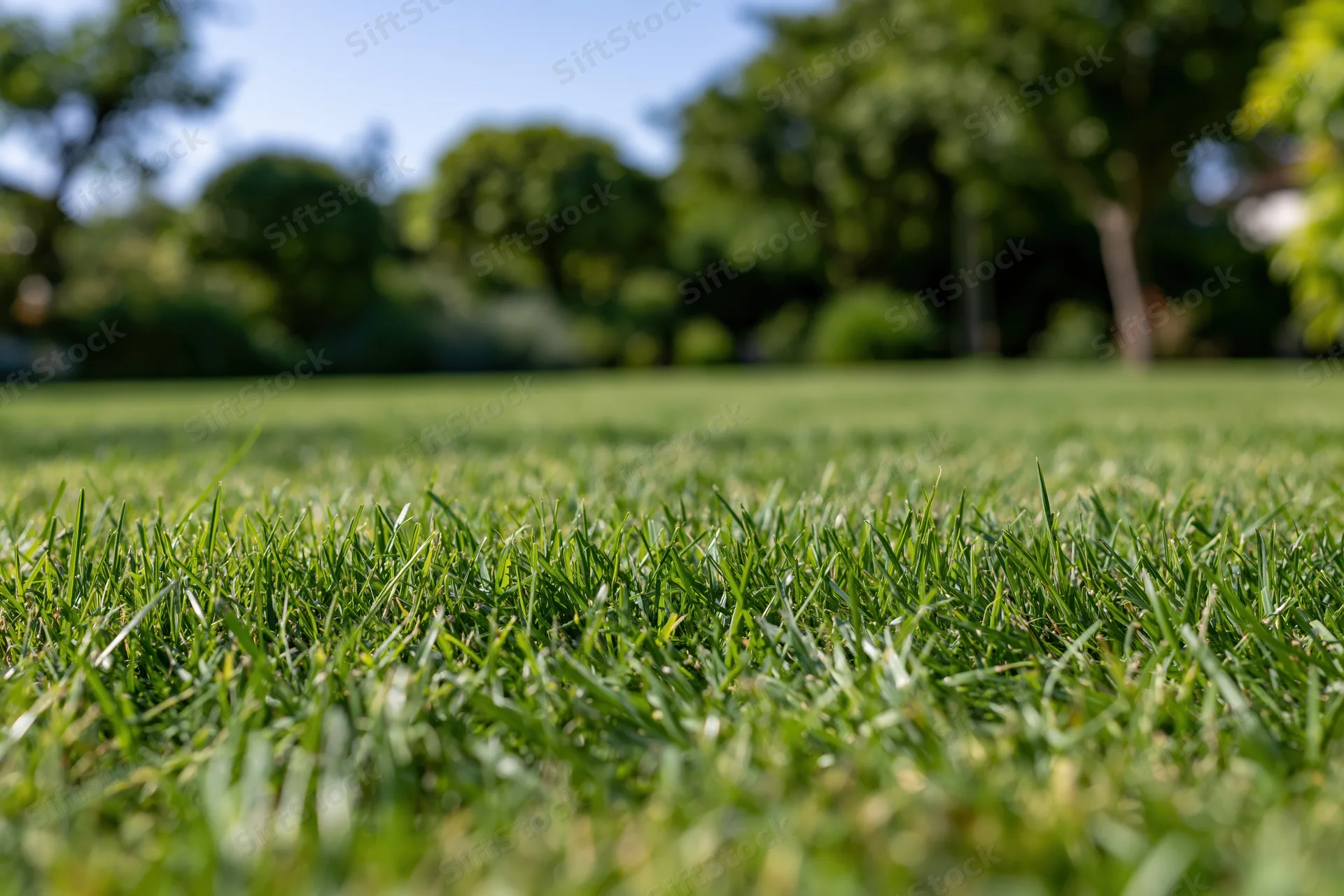 Neatly mowed green lawn in a park setting with trees and blue sky in the background