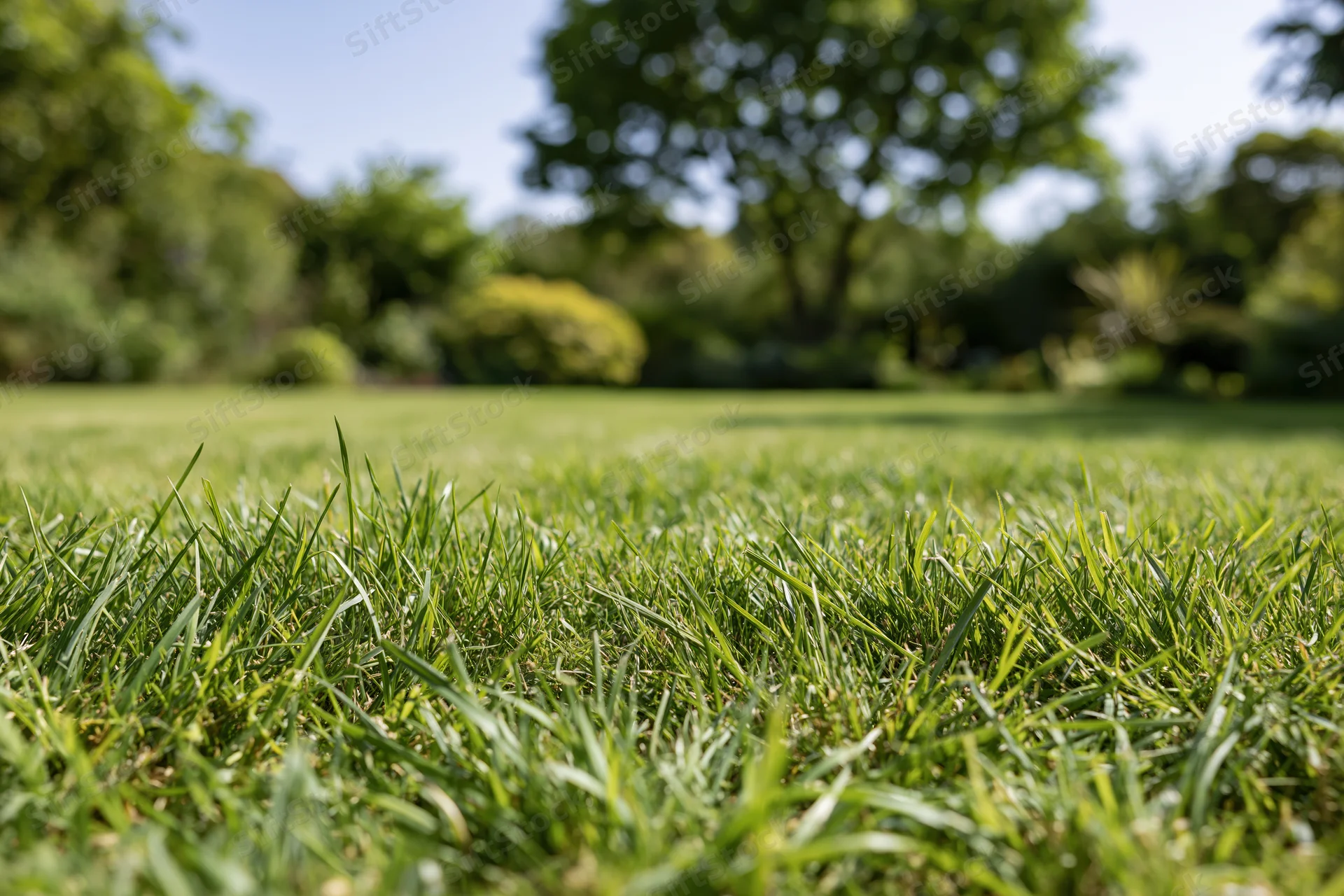 Closeup of neatly mowed green grass in a park with blurred trees and sky in the background