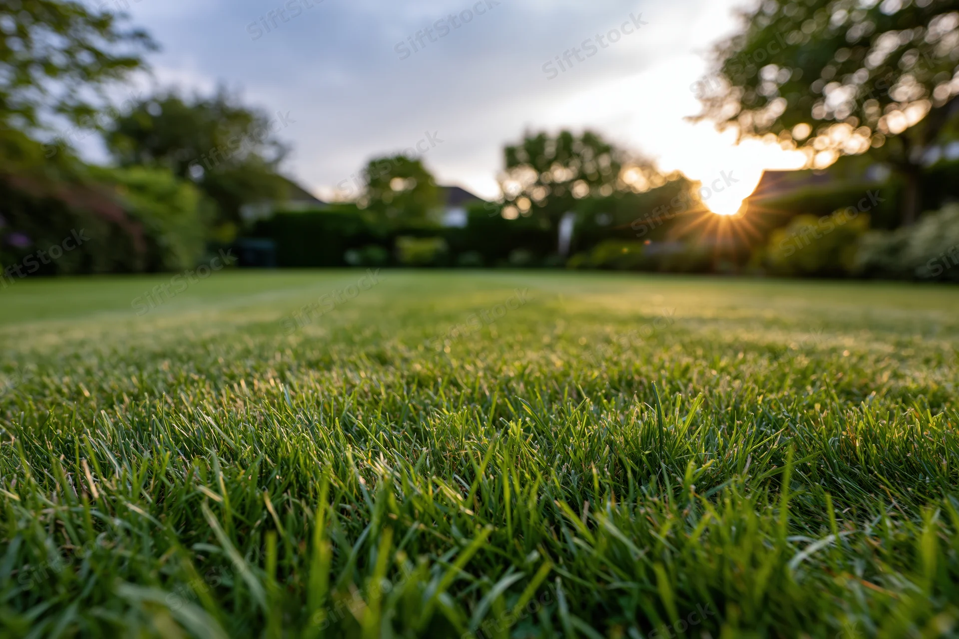 Neatly mowed green lawn stretching toward trees and sun at golden hour from low angle