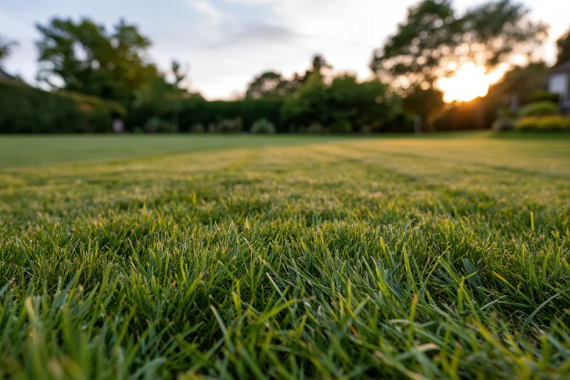 Neatly mowed green lawn stretching toward trees at sunset with soft golden light and blurred background