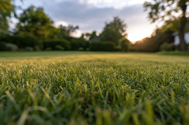 Neatly mowed green lawn stretching toward trees at sunset with soft golden light and blurred background