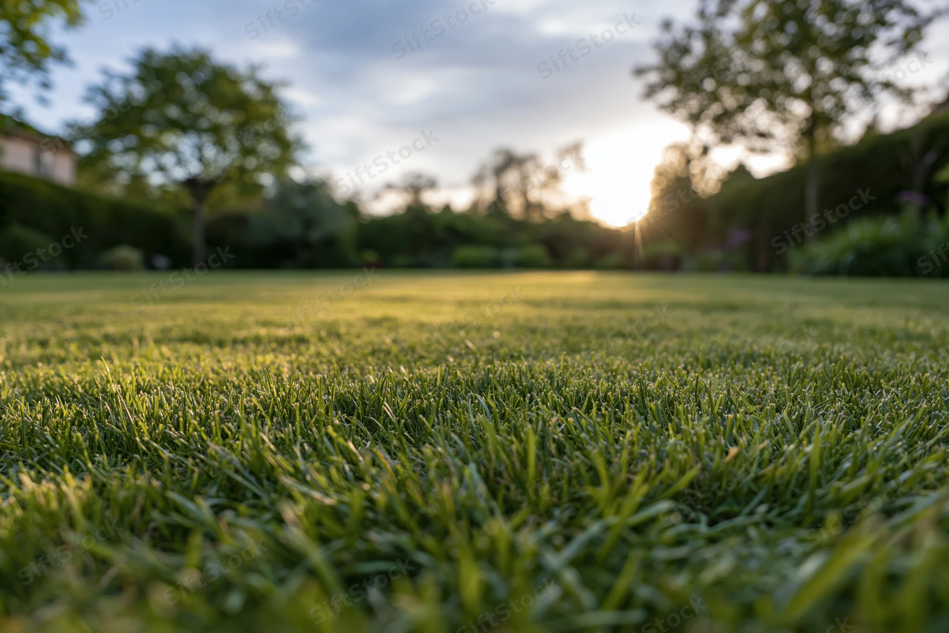 Neatly mowed green lawn stretching toward trees and sunset in a garden setting