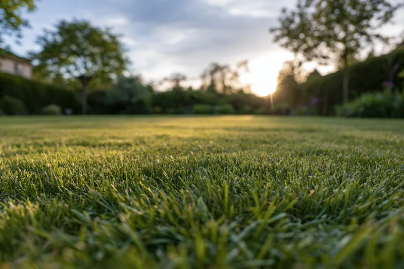Neatly mowed green lawn stretching toward trees and sunset in a garden setting